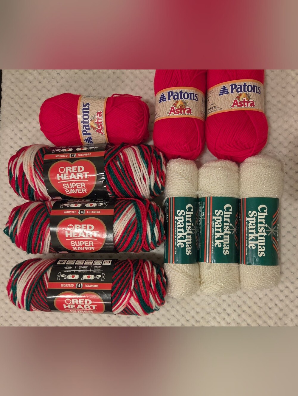 Patons Astra & Red Heart Holiday Yarn Bundle - White and Red Multi 9 Skeins